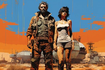Portrait of a couple, man and woman, dressed in overalls, outside a factory, on an alien planet, desert and rocks, futuristic style