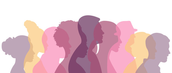 Silhouettes of men and women of different nationalities standing side by side.Silhouettes of a group of people.Vector illustration. - obrazy, fototapety, plakaty