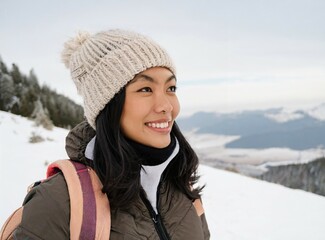Fototapeta na wymiar Asian woman hiking mountain in winter