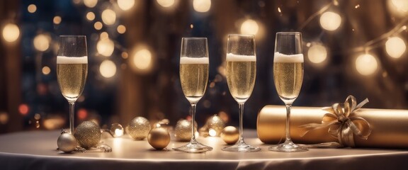 Four champagne glasses on a table with Christmas decorations and lights in the background. The photo conveys a festive and celebratory mood. - Powered by Adobe
