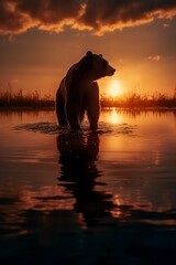 AI generated illustration of an ursine silhouette featured in a breathtaking sunset landscape - obrazy, fototapety, plakaty