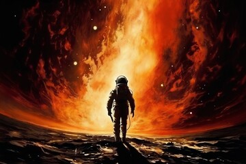 astronaut walking on a planet in outer space, light effects, stars and galaxy