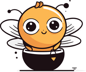 Obraz premium Cute cartoon bee in a pot of honey. Vector illustration.