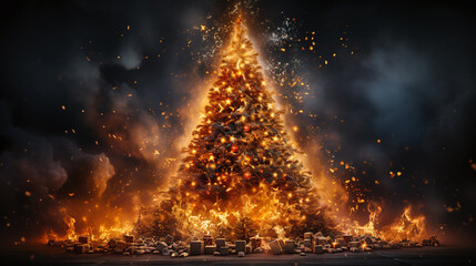 Christmas tree ablaze with flames standing against a dark background - obrazy, fototapety, plakaty