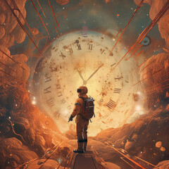 Time flow and space surreal concept. Man in spacesuit standing on fantasy orange clouds before big clock - obrazy, fototapety, plakaty