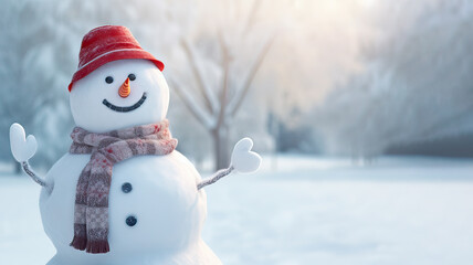 Fototapeta premium Snowman on the left side with free space on the right side