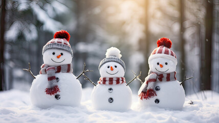 Fototapeta premium Snowman dad, snowman mom and snowman son