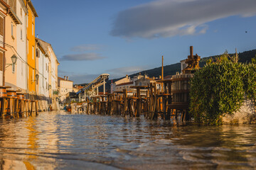 Flooded low parts of the city of Cres, Croatia,  bars and restaurants are being flooded by sea...