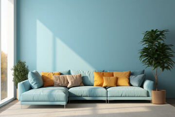 Large and bright living room with a huge window. Blue empty wall for mockups. Corner sofa with colored pillows.