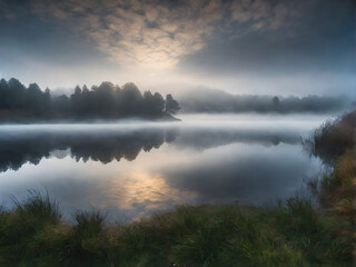 Mystical Morning: Fog Over the Tranquil Lake. generative AI