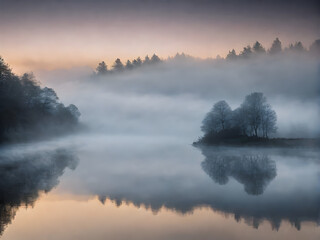 Mystical Morning: Fog Over the Tranquil Lake. generative AI