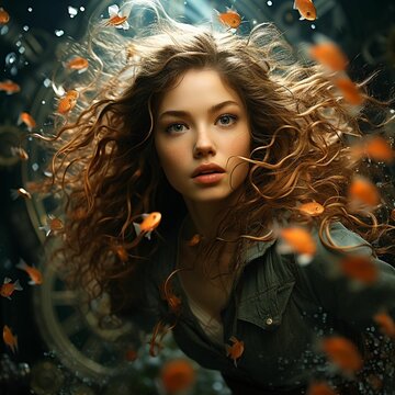 AI Generated Illustration Of A Young Woman With Curly Brown Hair Among Orange Fish