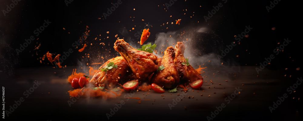 Poster fresh chicken boned wings in buffalo barbeque, or spicy sauce with flying ingredients and spices hot ready to serve and eat food commercial advertisement menu banner with copy space - Posters