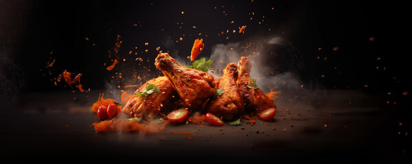 fresh chicken boned wings in buffalo barbeque, or spicy sauce with flying ingredients and spices hot ready to serve and eat food commercial advertisement menu banner with copy space - obrazy, fototapety, plakaty