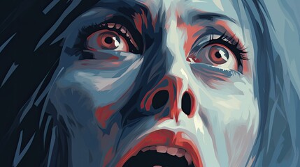 A frightened woman's face. The concept of fear and terror. Grimace of horror on a woman's face. Dramatic moment. A drawn character for a horror story.
