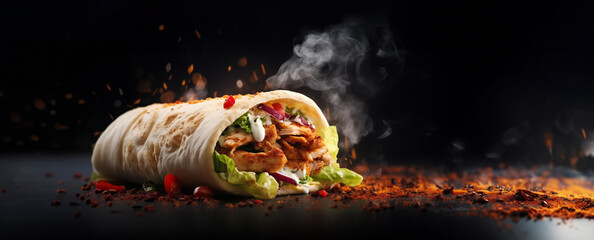 fresh grilled beef turkish or chicken arabic shawarma doner sandwich with flying ingredients and spices hot ready to serve and eat food commercial advertisement menu banner with copy space area - obrazy, fototapety, plakaty
