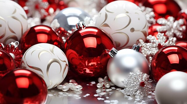 Background image, red and white christmass balls with ornaments, snowflakes, glitter and bows on glittery backdrop, allow copy space.