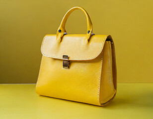 Women yellow bag isolated on yellow pastel background. Front view of genuine full grain leather lady shopping bag