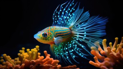 Exotic tropical fish swimming in the ocean next to coral. Underwater scene. Guppies in neon colors...