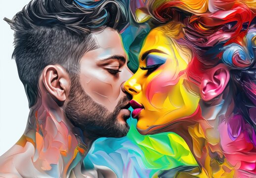 Passionate kiss between charming handsome lovers. Colorfull image of loving couple. Cropped close up profile. Digital art in the style of a painted picture. Illustration for cover, card or print.