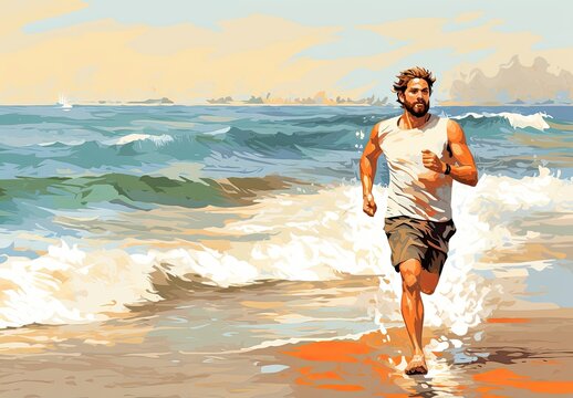 A young guy is jogging along the coast during the daytime. A man goes in for sports in nature. Healthy lifestyle. Illustration for cover, card,  interior design, poster, brochure or presentation.