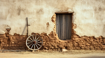 Old rough adobe wall with window and wagon wheel  - obrazy, fototapety, plakaty