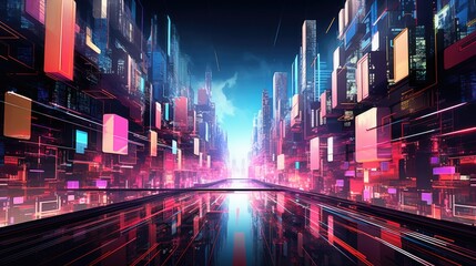 Digital landscapes with abstract virtual cityscapes and vibrant neon elements, representing the virtual realms and simulations crafted through the progression of computer technologies.