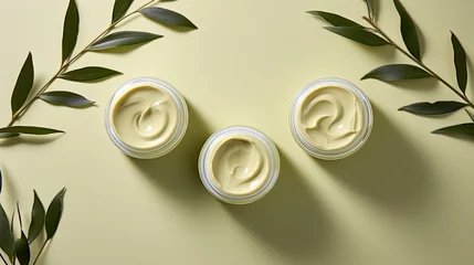 Foto op Plexiglas Natural organic cream jar with green leaves on white background. Cosmetic products for skin care and makeup. Illustration for banner, poster, cover, brochure, advertising, marketing or presentation. © Login