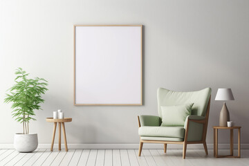 Vertical empty wooden frame for wall art mockup. Modern white room with sage green chair, table and green houseplant.
