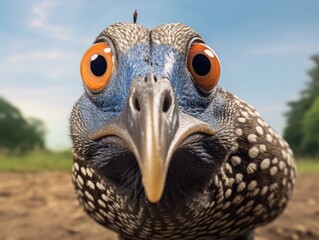 A close-up of the face of a guinea fowl looking at the camera. A bird in a natural environment. Natural background. Illustration for cover, postcard, interior design, banner, brochure, etc. - obrazy, fototapety, plakaty