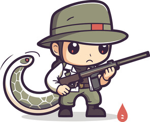 Cute Snake Hunter Cartoon Mascot Character Vector Illustration Design