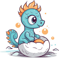 Cute cartoon blue sea horse sitting in eggshell. Vector illustration.