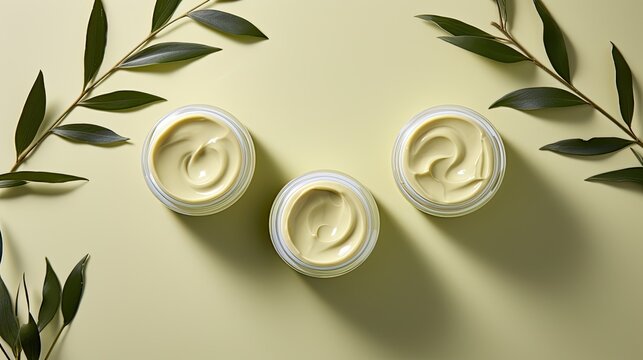 Natural organic cream jar with green leaves on white background. Cosmetic products for skin care and makeup. Illustration for banner, poster, cover, brochure, advertising, marketing or presentation.