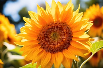 Naklejka premium A vibrant sunflower in full bloom, its golden petals radiating warmth under the summer sun, emphasizing the flower's natural beauty.