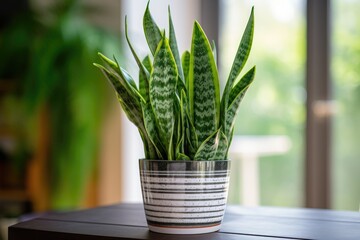 A healthy snake plant Sansevieria thriving in a decorative pot in home interior, with its tall, variegated leaves standing proudly, highlighting the resilience, air-purifying qualities.