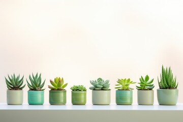 A minimalist image of a row of succulents on a sunny windowsill, their unique shapes and various shades of green creating a serene and natural indoor oasis.