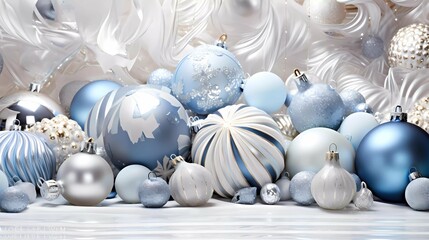 Background image, blue and white christmass balls with ornaments, snowflakes, glitter and bows on glittery backdrop, allow copy space.