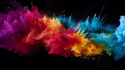 Explosion of multicolored powder on black background, minimalist, freeze frame of the movement in 3d illustration
