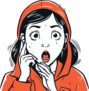 Surprised young woman in a hoodie. Vector illustration.