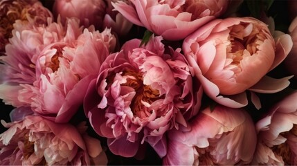 Beautiful pink peonies as background, closeup view. Decor concept. Wallpaper concept. Art concept. 3d concept. Flower concept. Florist concept.