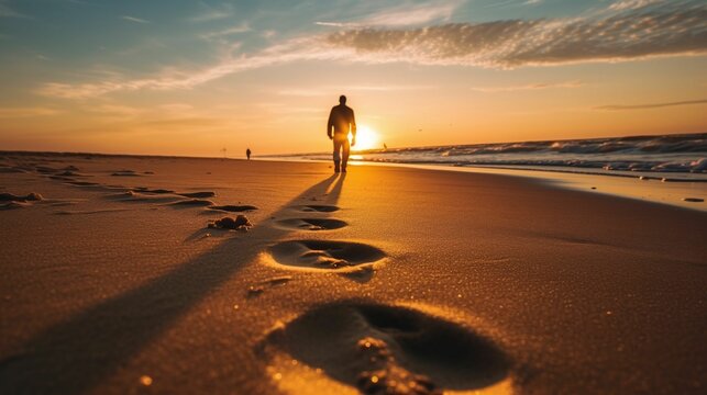 A Person Is Walking On The Beach During The Sunset, With Footprints In Sand,