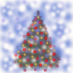 beautiful New Year tree with balls and snowflakes, new, New Year 2024, Christmas, postcard, illustration for a children's book, print,