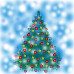 beautiful New Year tree with balls and snowflakes, new, New Year 2024, Christmas, postcard, illustration for a children's book, print,