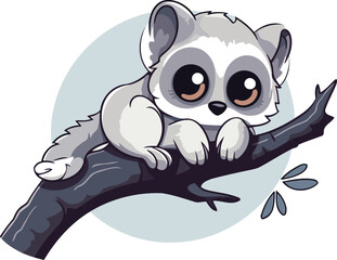 Cute cartoon lemur on a tree branch. Vector illustration.