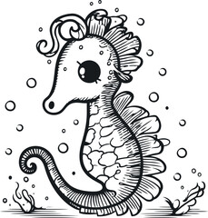 Seahorse in the sea. Black and white vector illustration.