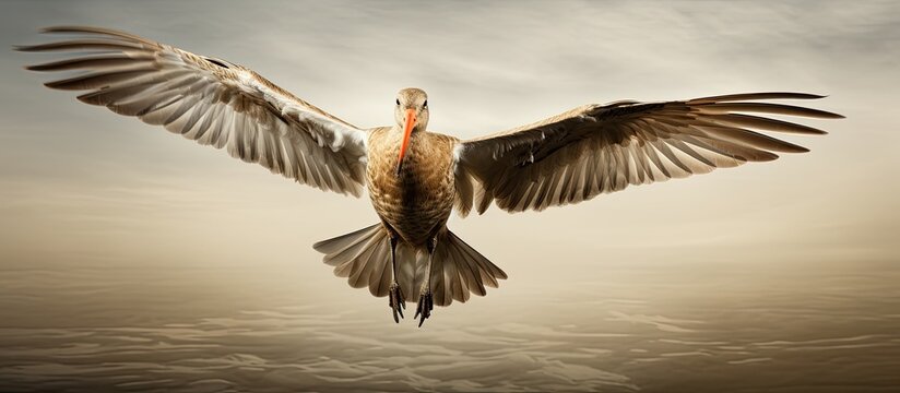 The black tailed godwit soaring through the air