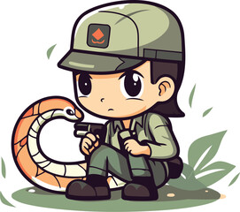 Cute little boy in military uniform sitting and drinking coffee. Vector illustration.