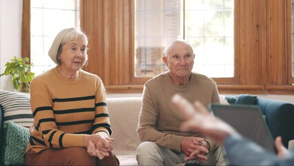 Senior couple in marriage therapy, conversation and communication, help and consultation on sofa. Elderly man, woman and counselling with psychologist for mental health, support and reconciliation