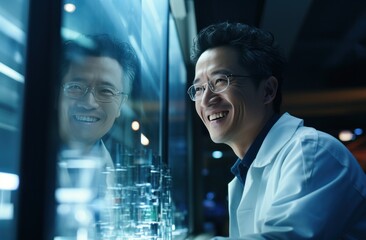 male scientist smiling and laughing while he's working - obrazy, fototapety, plakaty