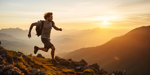 Capturing Freedom: Man Runs and Leaps on Mountain at Sunrise - obrazy, fototapety, plakaty